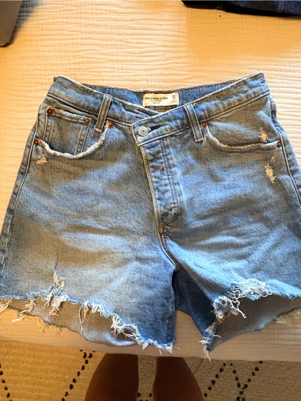 Abercrombie & Fitch Light Blue Cross Over Distressed Denim Shorts